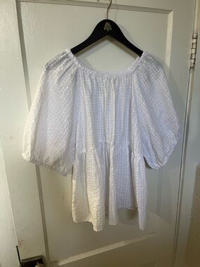 Old Navy White Seersucker Puff Sleeve Babydoll Blouse - XXL
